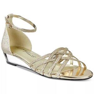 Easy Street 7 M Tarrah Faux Leather Crossover Wedge Sandals Gold Glitter NEW